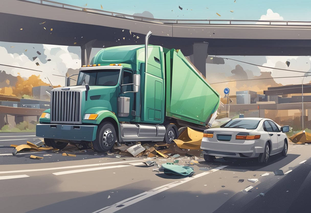 A truck crashed into a car on a busy highway, causing debris to scatter across the road. A lawyer's office sign is visible in the background