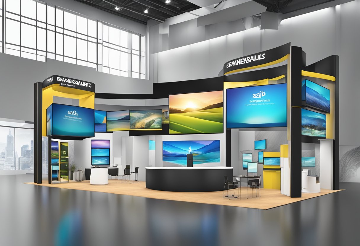 A trade show booth with sleek, modern displays featuring large monitors showcasing dynamic content. The booth is well-lit and attracts attention from all angles