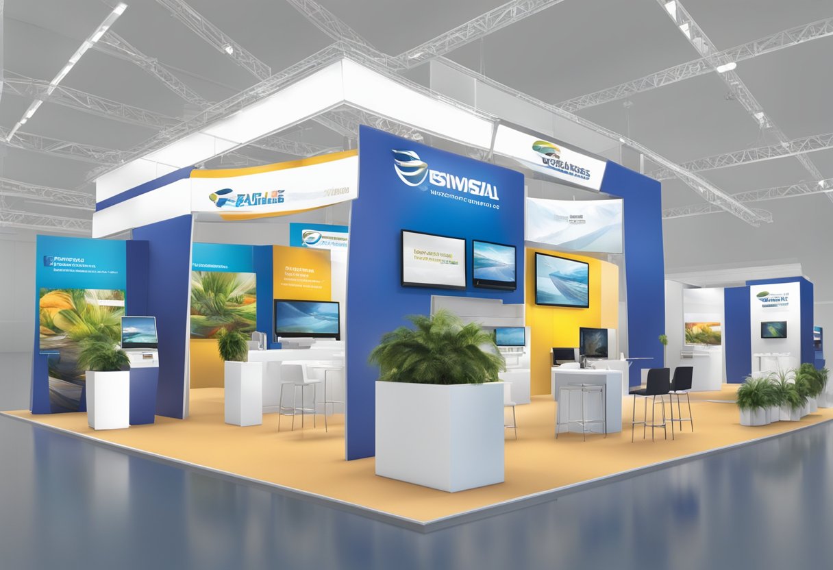 Trade show displays feature monitors, showcasing products and services