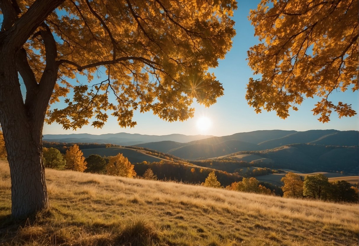 Clear blue skies over rolling hills, with vibrant autumn foliage. Cool breeze and golden sunlight. Ideal for outdoor activities