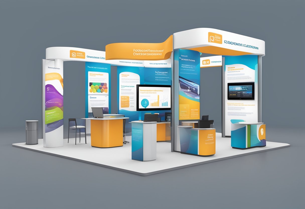 A trade show booth with multiple FAQ displays, each featuring a monitor and interactive content