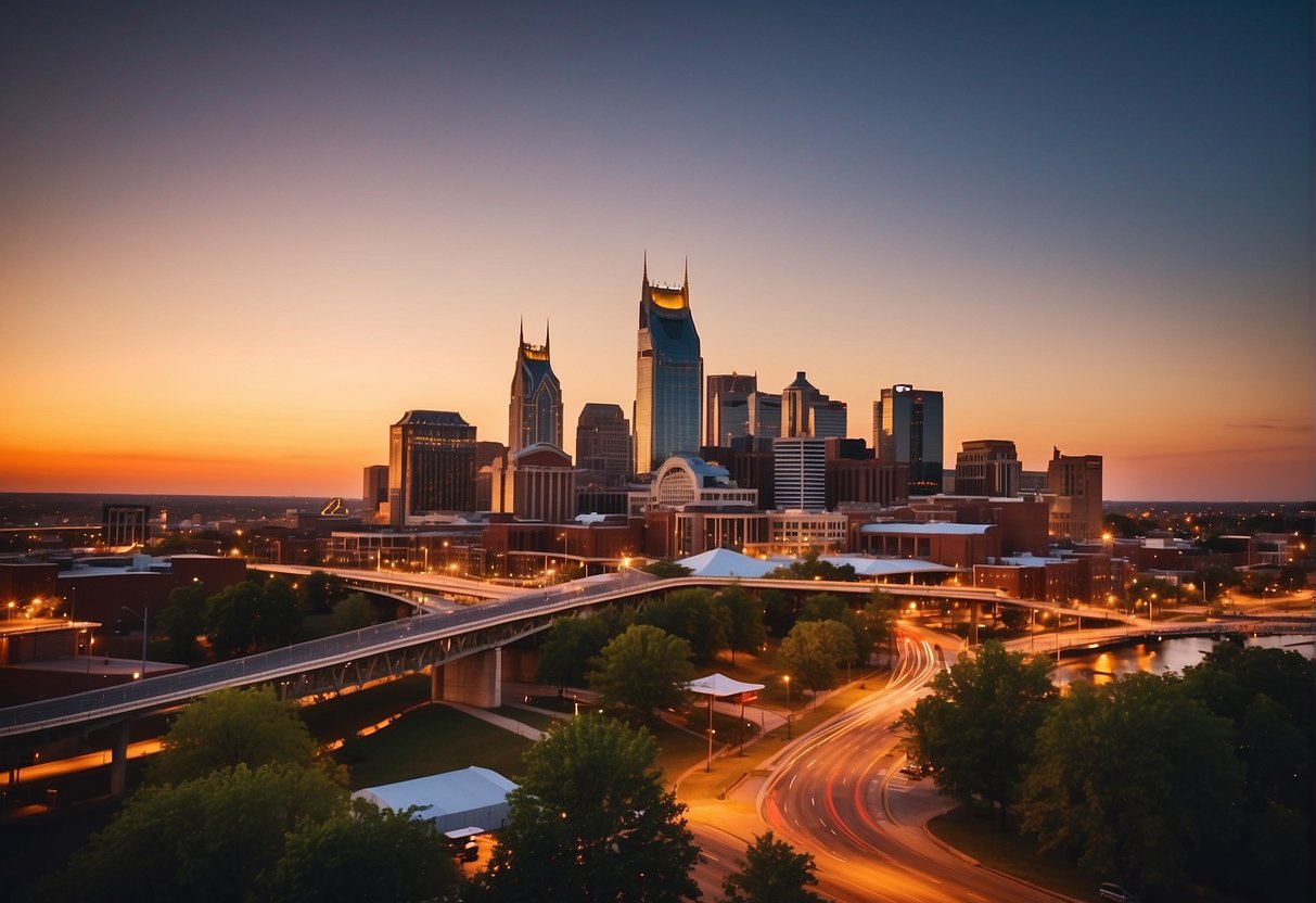 The sun sets behind the Nashville skyline, casting a warm glow over the city. Tourists gather around famous landmarks, while locals enjoy live music at outdoor venues