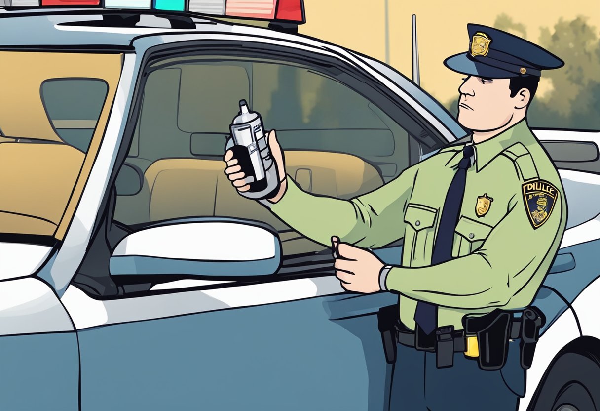 A police officer holds a breathalyzer while a car is pulled over. The driver looks worried as the officer explains the consequences of failing the test