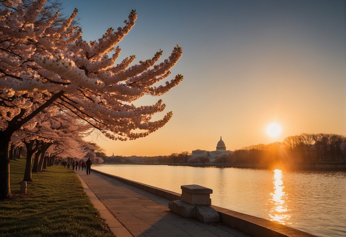 The sun sets behind the iconic monuments, casting a warm glow over the city. Cherry blossoms bloom along the Potomac River, creating a picturesque scene