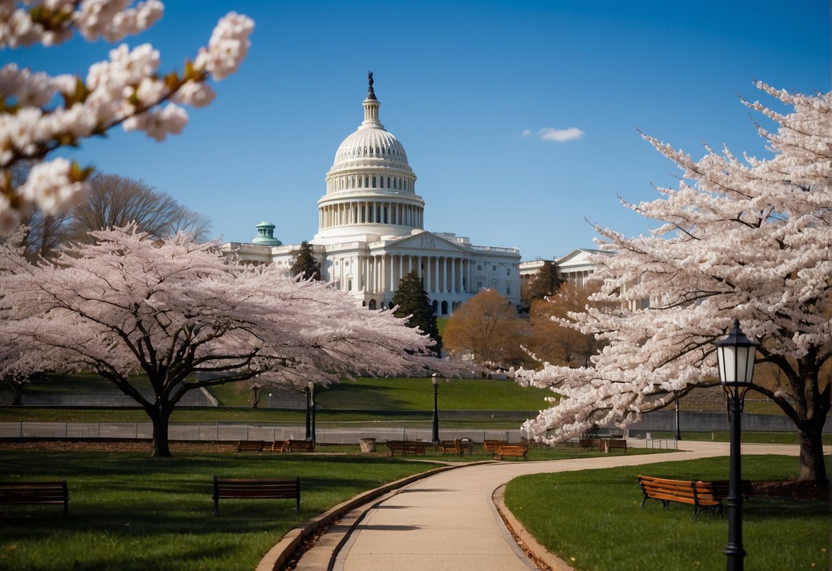 Washington DC in spring, cherry blossoms bloom. In summer, monuments gleam under sunny skies. Fall brings colorful foliage, while winter offers a peaceful, snow-covered landscape