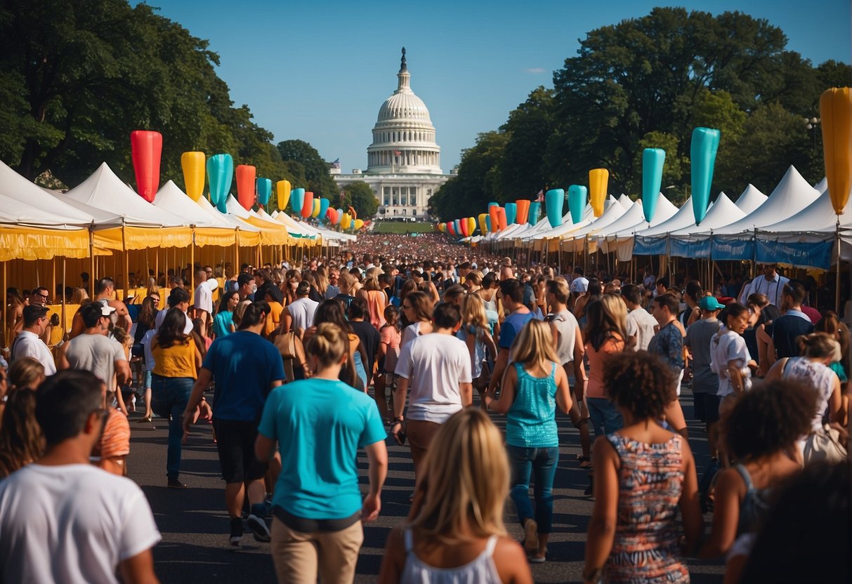 Colorful festivals and performances fill the streets of Washington D.C. Visitors enjoy music, dance, and art in the vibrant atmosphere