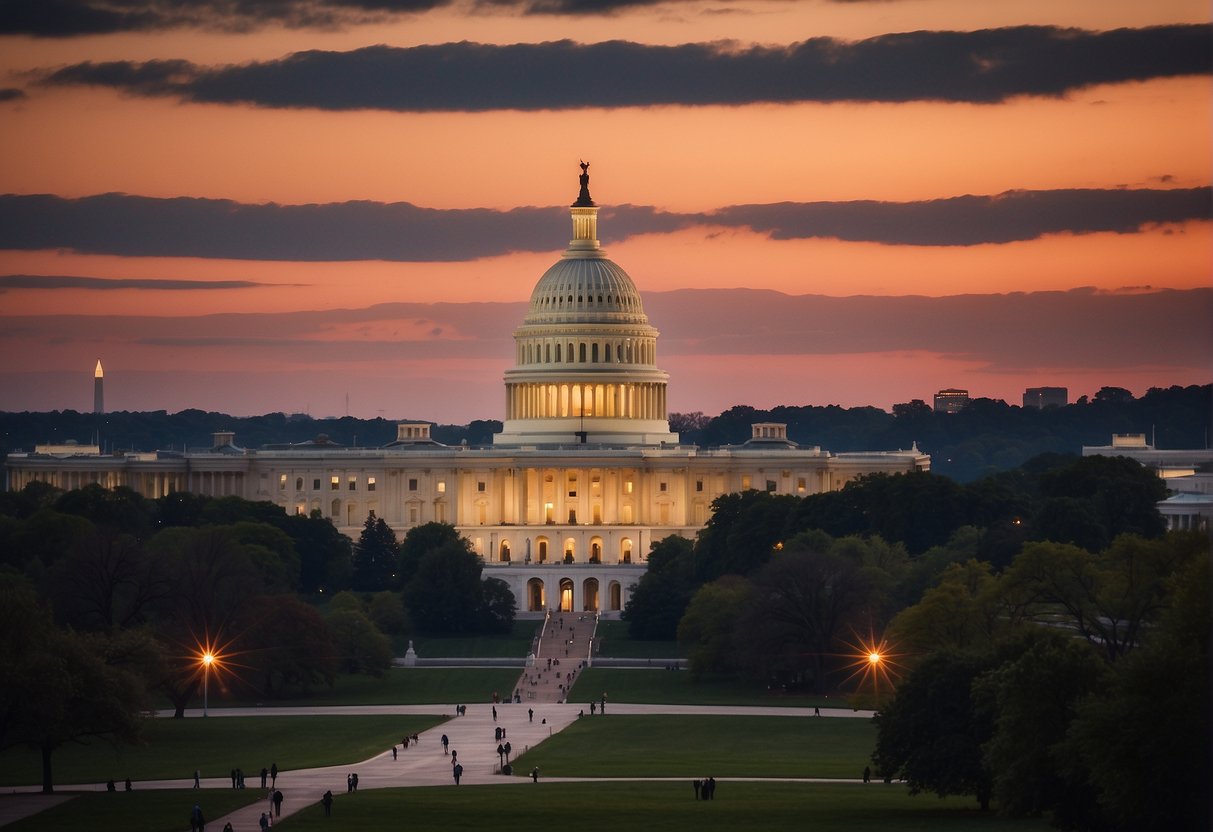 The sun sets behind the iconic monuments of Washington D.C., casting a warm glow over the city. Tourists and locals alike fill the streets, enjoying the pleasant weather and bustling atmosphere