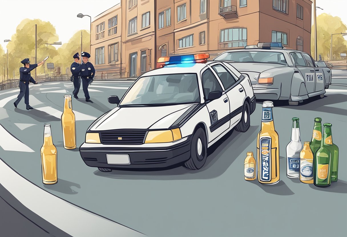A car swerving on the road, beer bottles rolling on the floor, and a police officer holding a breathalyzer device