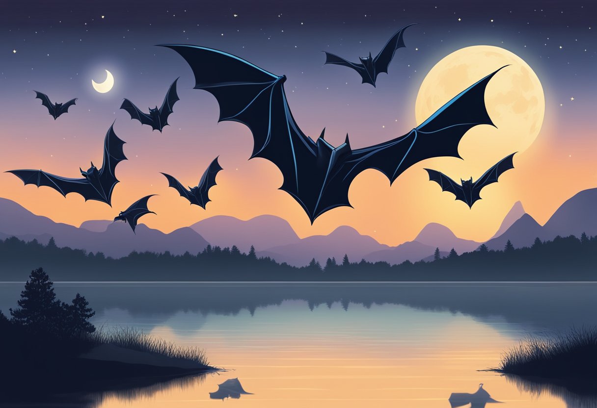 Bats flying over a calm, moonlit landscape, symbolizing mystery and intuition in dreams