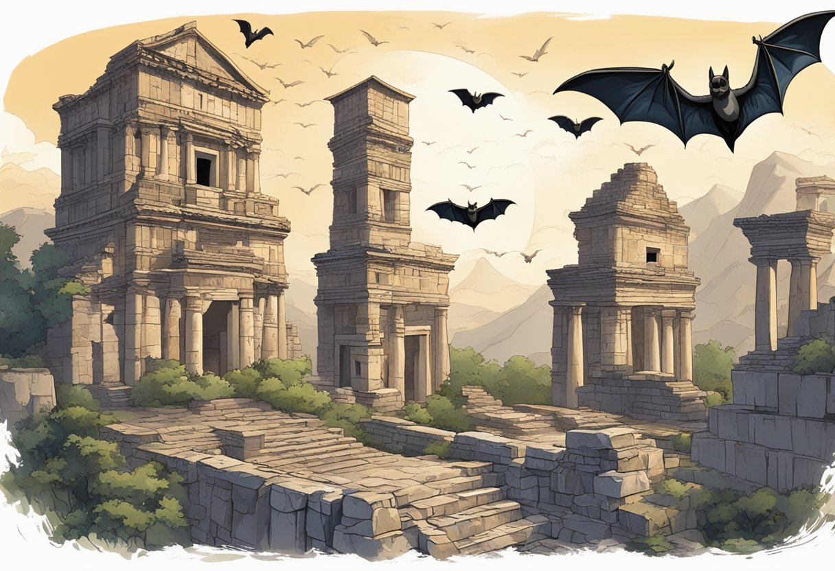 Bats flying over ancient ruins, with symbols of religious significance in the background