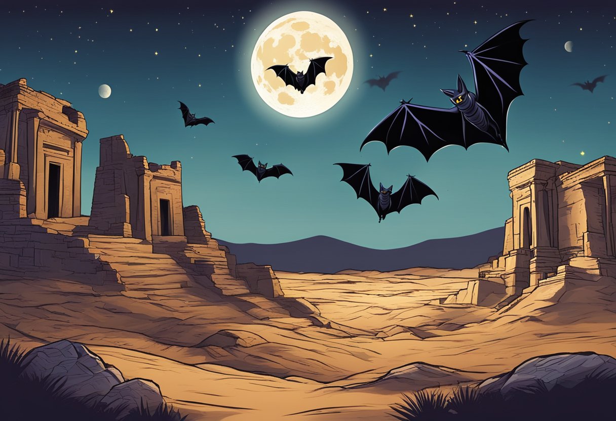 Bats flying over a moonlit desert, with ancient ruins in the background