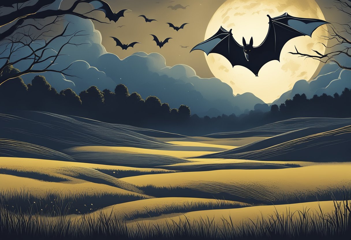 Bats flying over a moonlit landscape, with a sense of mystery and spiritual significance