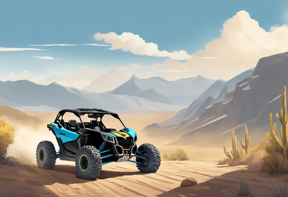 A rugged 2024 Can-Am Maverick R parked on a dusty trail, with mountains in the background and a clear blue sky above