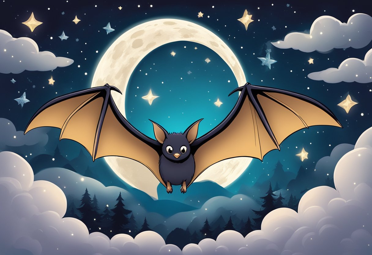 A bat flies through a moonlit sky, surrounded by stars and silhouetted trees, symbolizing mystery and intuition in dreams