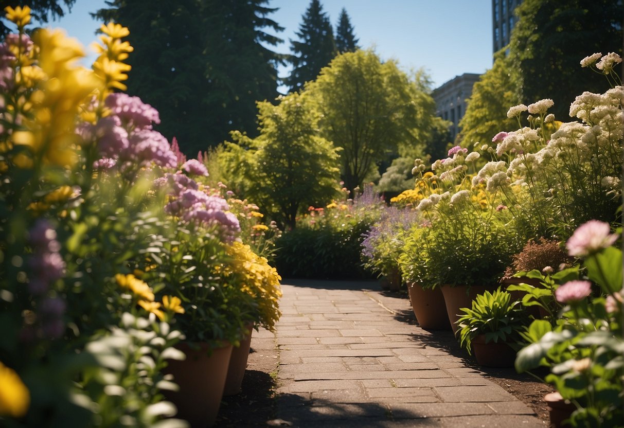 Lush greenery and blooming flowers in a city park with a clear blue sky and gentle sunlight, showcasing the best time to visit Portland, Oregon