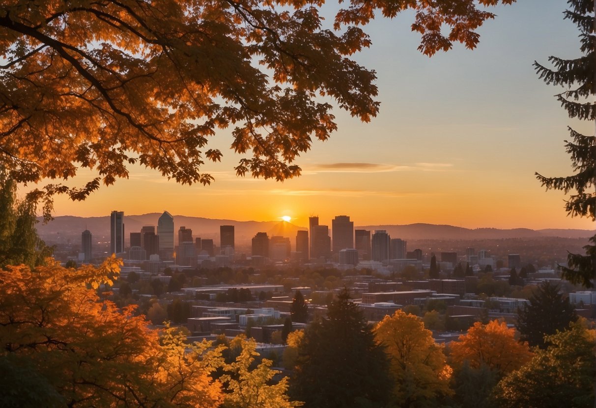 The sun sets over the city skyline as a gentle breeze rustles the colorful autumn leaves, creating a picturesque scene in Portland, Oregon