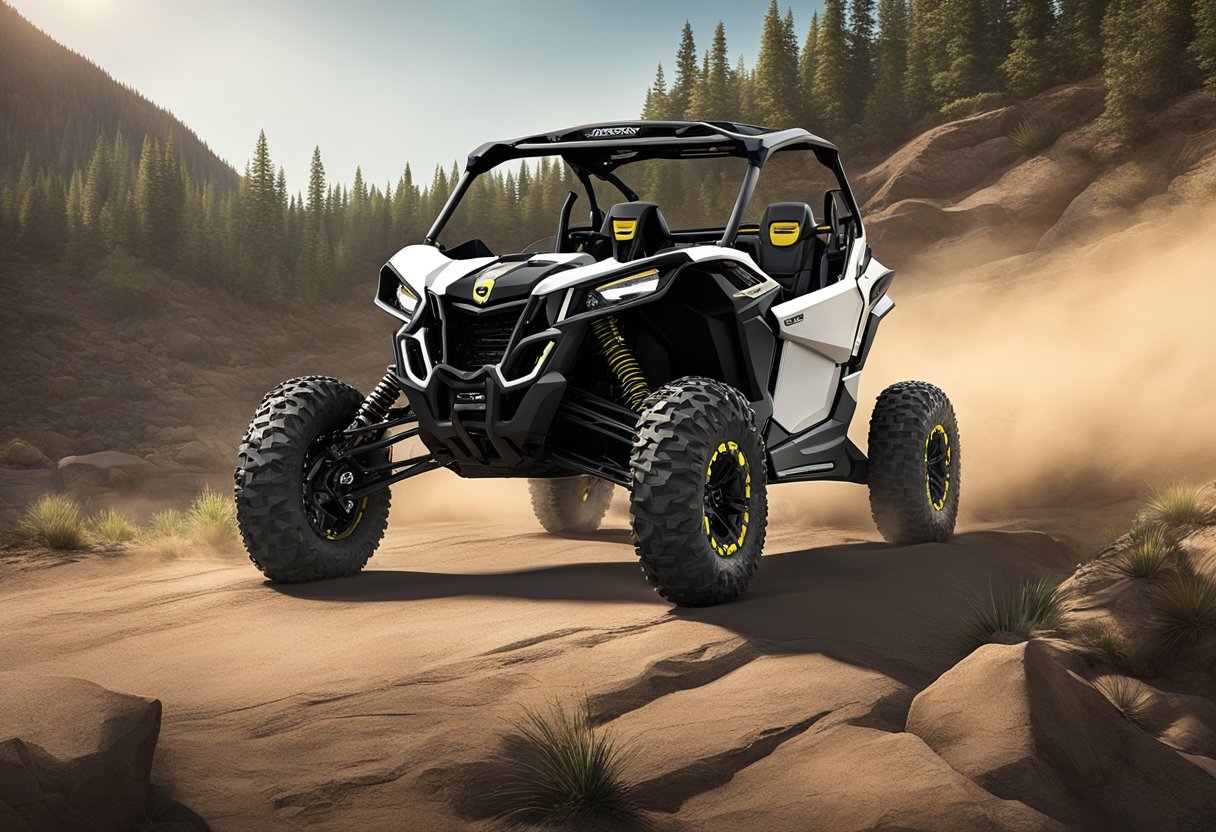 The 2024 Can-Am Maverick R sits on rugged terrain, showcasing its sleek design and ergonomic features. The vehicle's angular lines and bold color scheme convey a sense of power and agility