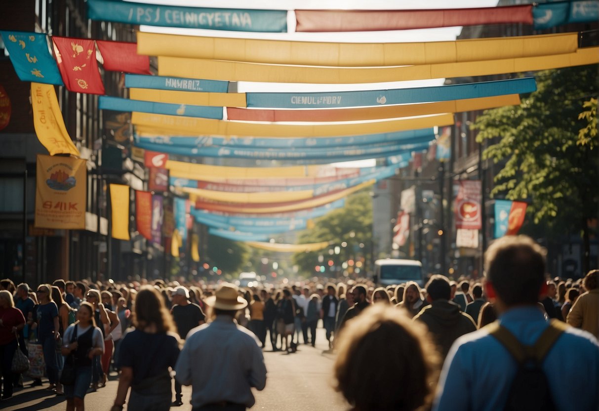 Colorful banners and flags adorn the streets. Music and laughter fill the air as people gather for cultural events and festivities in Portland, Oregon