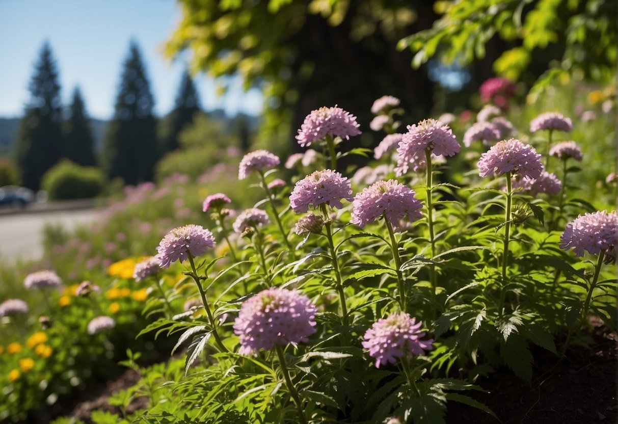 A sunny day in Portland, Oregon, with lush greenery and blooming flowers. A clear blue sky and gentle breeze create a perfect atmosphere for outdoor exploration