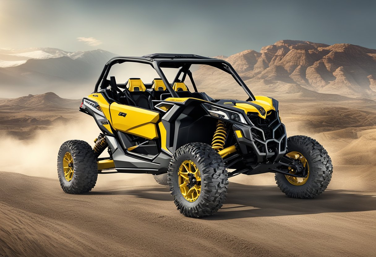 The 2024 Can-Am Maverick R's transmission and drivetrain components are showcased, including the gearbox, differential, and axles, highlighting their durability and performance