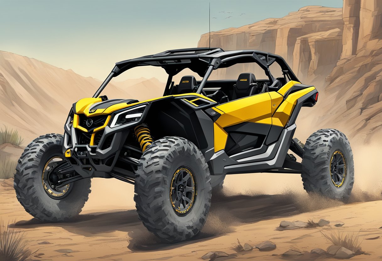 The Can-Am Maverick R maneuvers through rugged terrain, its suspension flexing and handling with precision