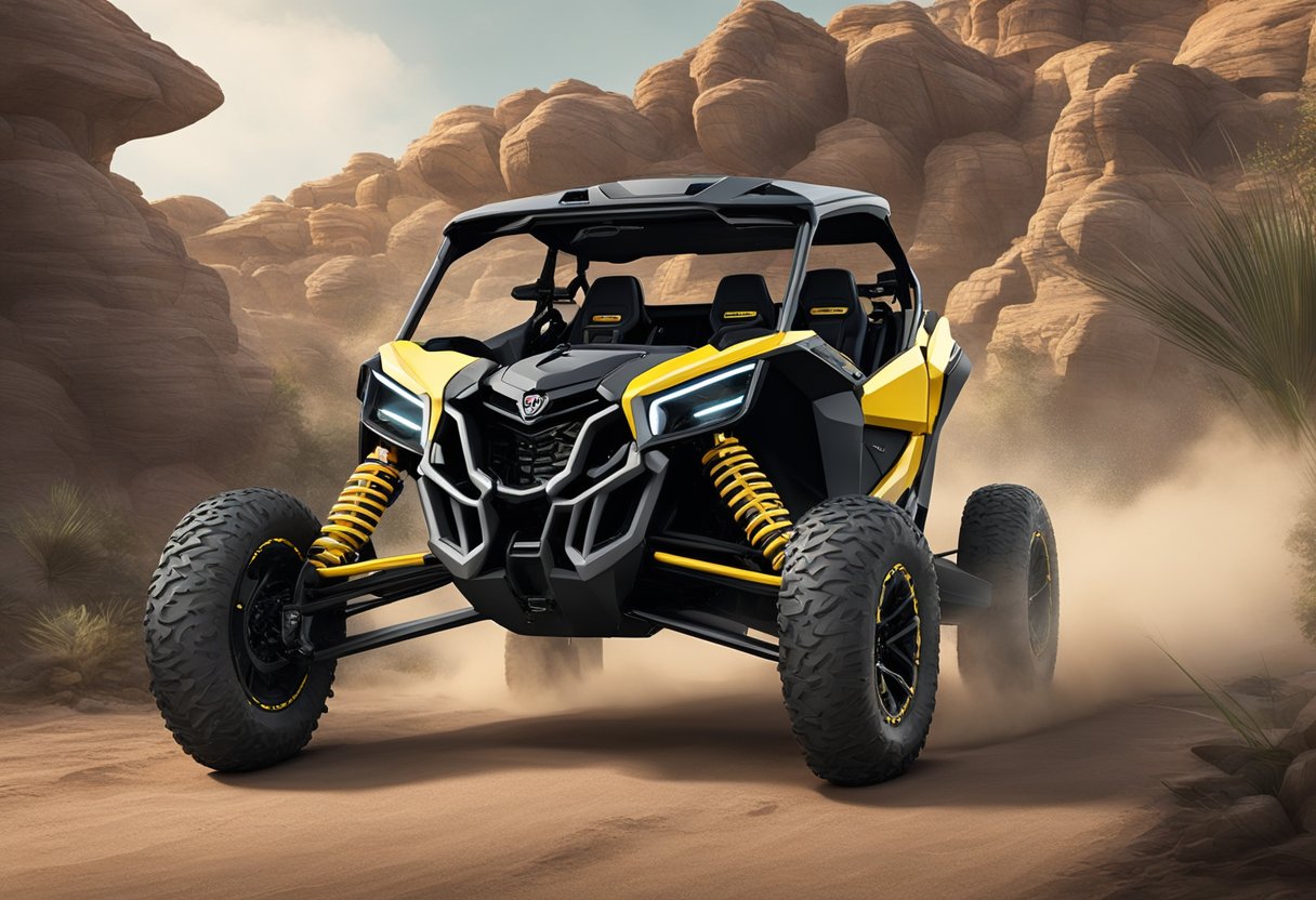 The 2024 Can-Am Maverick R is showcased with advanced technology and infotainment features in a futuristic, sleek environment
