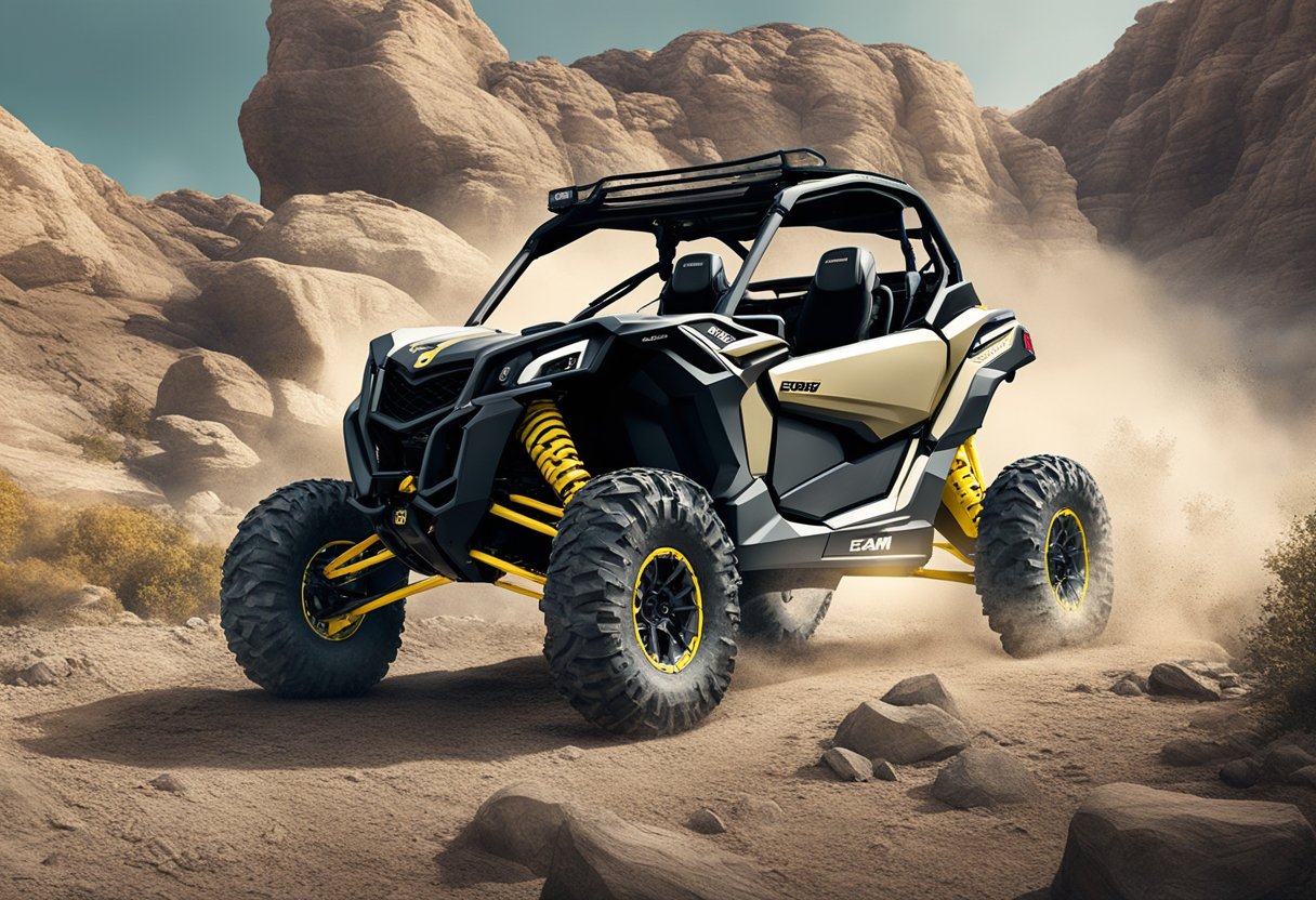 A rugged 2024 Can-Am Maverick R traversing rocky terrain, showcasing its safety and durability features in action