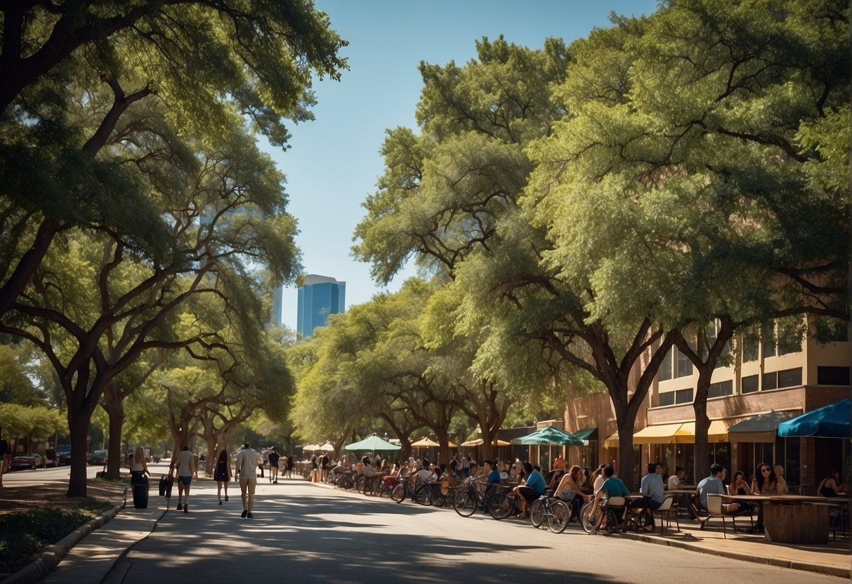 Sunny day in Austin, blue skies and green trees. People enjoying outdoor activities, vibrant city atmosphere