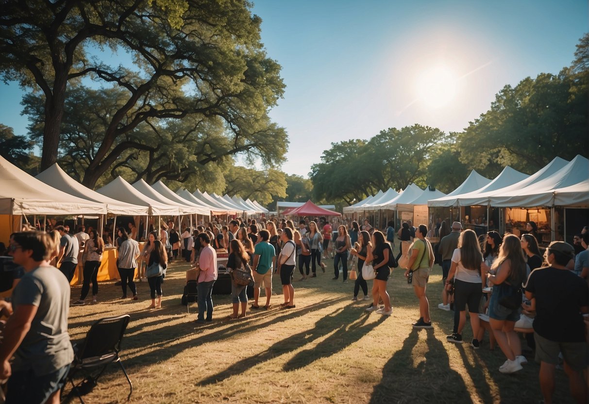 People enjoying live music, food trucks, and art exhibits at a vibrant cultural festival in Austin, Texas