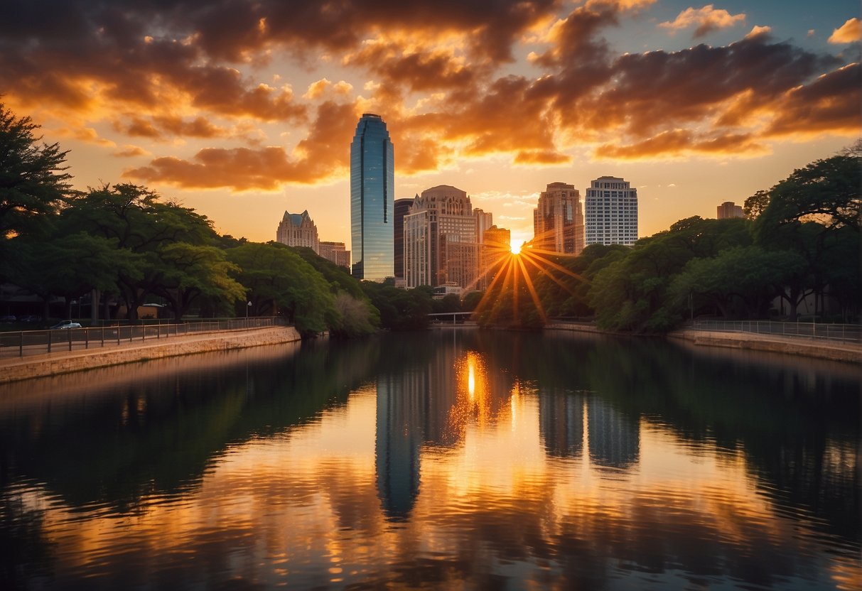 The sun sets behind the iconic skyline of Austin, Texas, casting a warm glow over the city's bustling streets and vibrant music venues