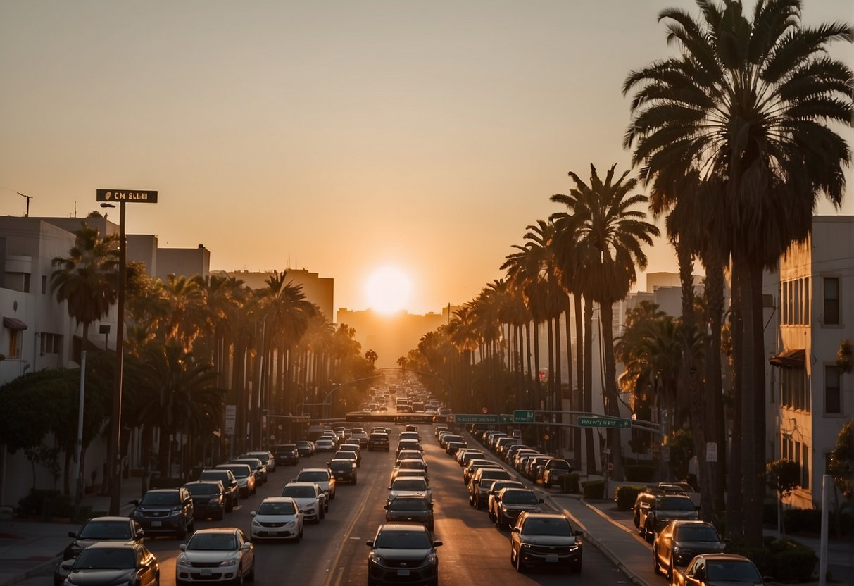 The sun sets over the iconic palm trees lining the streets of Los Angeles, casting a warm glow over the city's bustling urban landscape