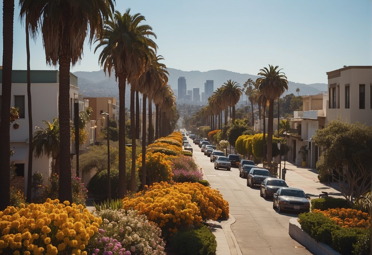 Sunny skies over palm-lined streets, with blooming flowers and bustling beaches, create the perfect backdrop for a visit to Los Angeles