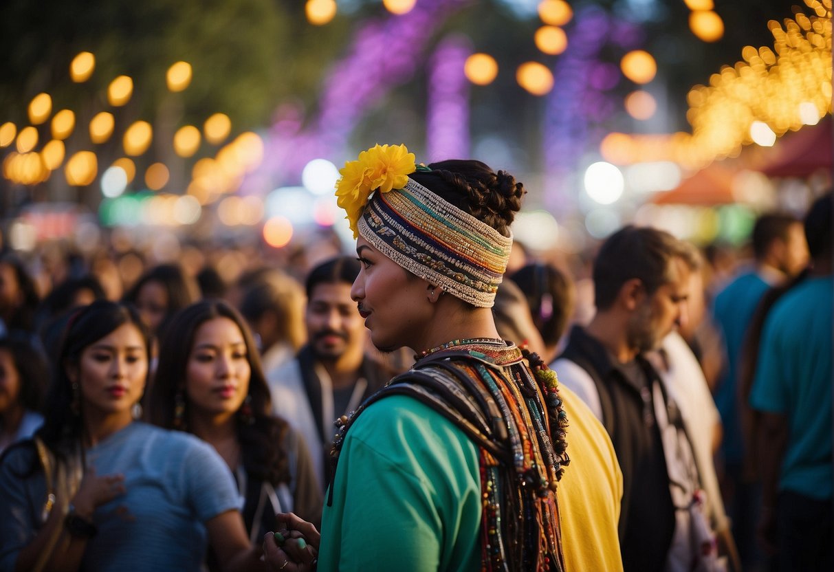 A vibrant cultural event in Los Angeles, with diverse crowds enjoying music, art, and food. The atmosphere is lively and bustling, with colorful decorations and performances filling the scene
