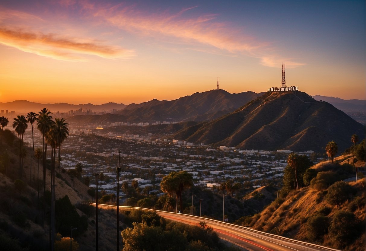 The sun sets behind the iconic Hollywood sign, casting a warm glow over the palm-lined streets of Los Angeles. The city skyline is silhouetted against the colorful sky, as tourists and locals alike enjoy the bustling atmosphere