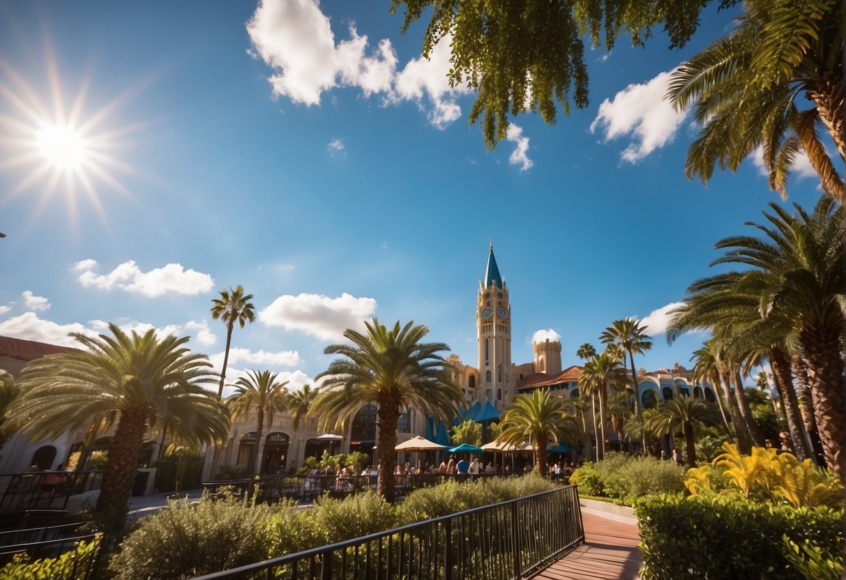 Bright sun shines over Universal Studios Orlando, with clear blue skies and lush greenery. A gentle breeze blows through the air, creating a perfect setting for a visit