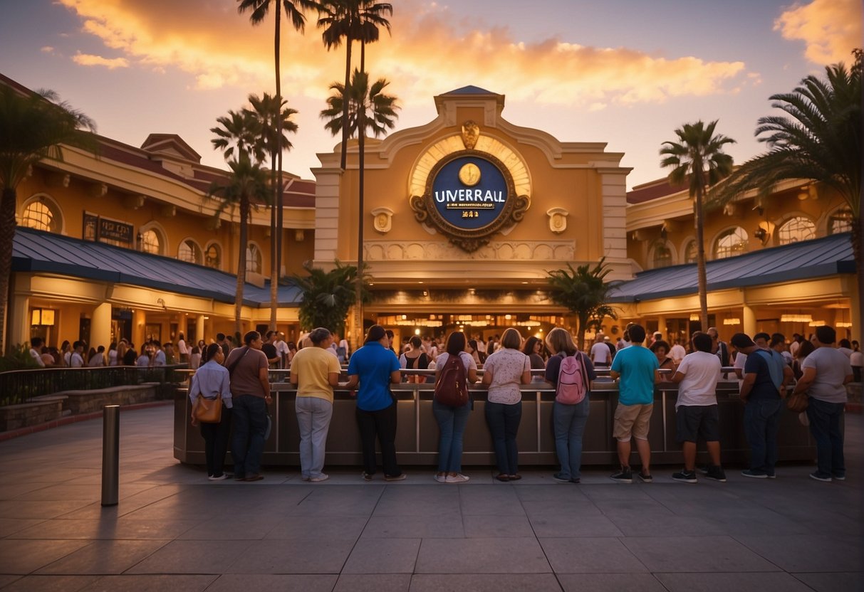 Guests line up at ticket counters, while others check in at the hotel reception. The sun sets over the Universal Studios theme park, casting a warm glow on the bustling scene
