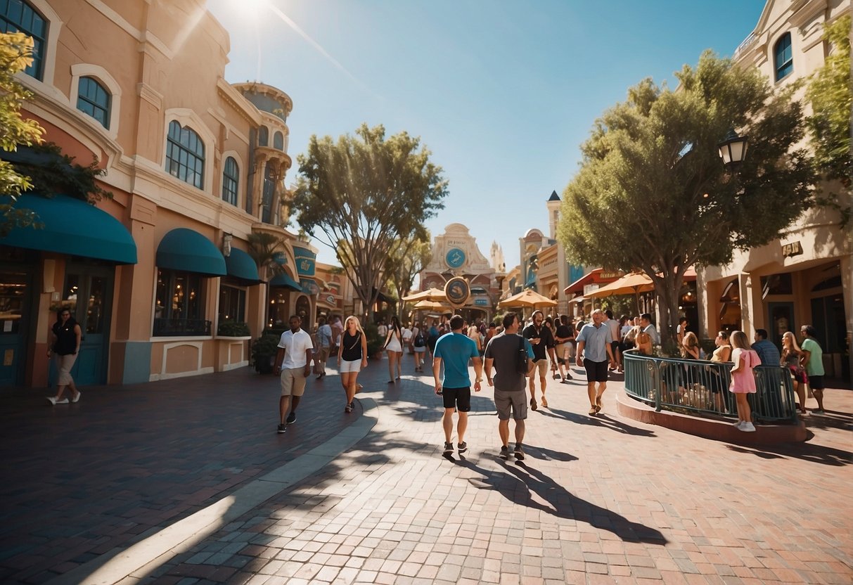 A sunny day at Universal Studios Orlando, with families and friends enjoying the rides and attractions. The park is bustling with excitement and laughter