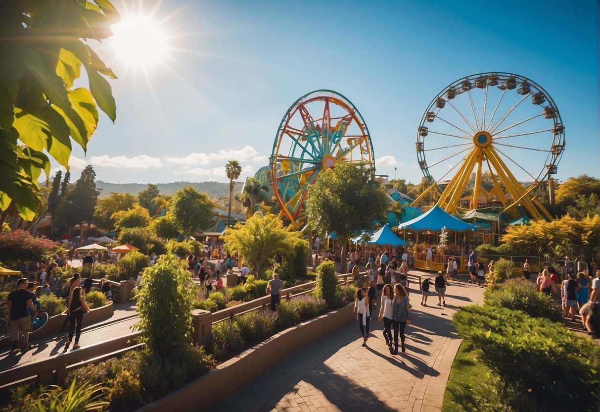 Bright sun shines over a bustling theme park with colorful rides and happy families. Lush greenery surrounds the area, and clear blue skies create a perfect backdrop for outdoor activities