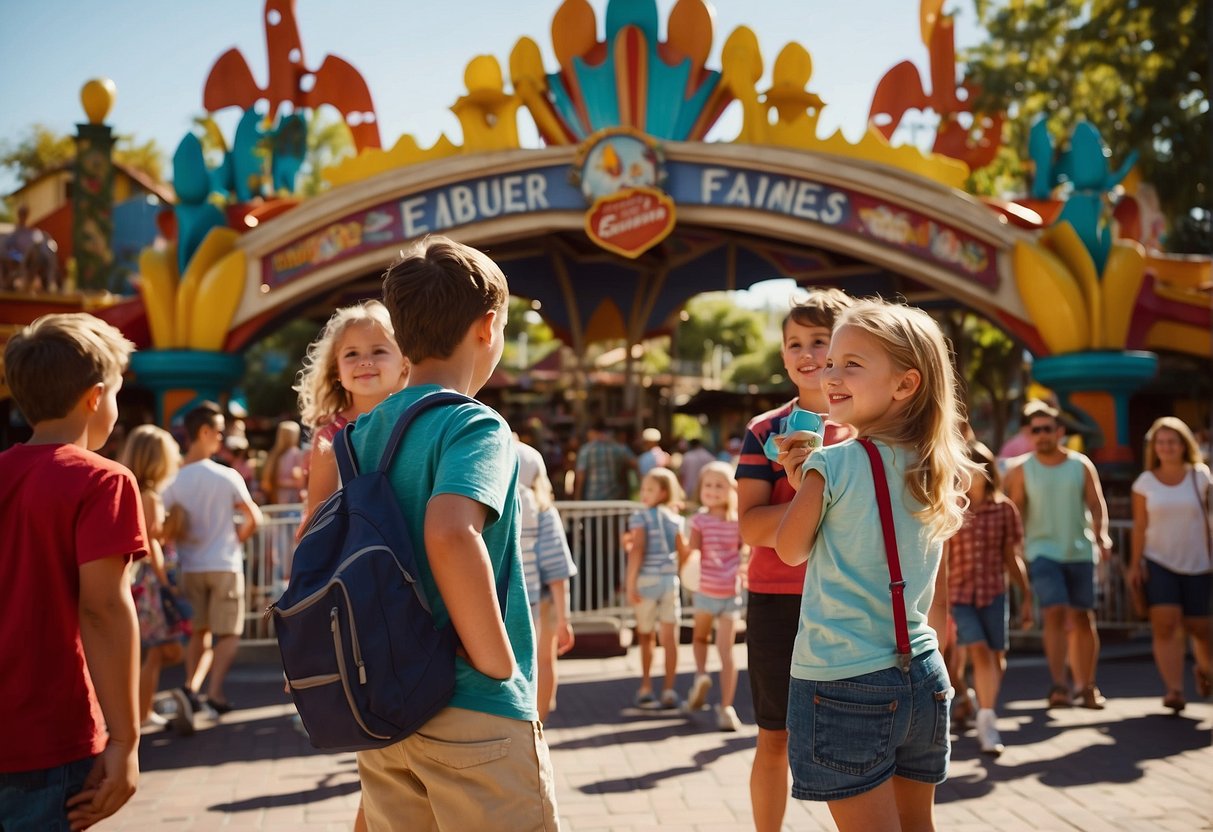 Families gather at a theme park entrance, eager for a day of fun. Sunshine bathes the colorful rides and attractions, creating a vibrant and inviting atmosphere
