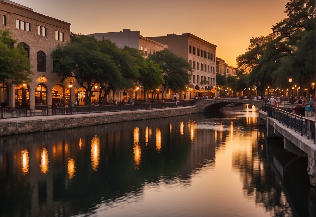 The sun sets over the San Antonio River, casting a warm glow on the historic buildings and bustling outdoor cafes. The city is alive with music and laughter as locals and tourists enjoy the vibrant atmosphere