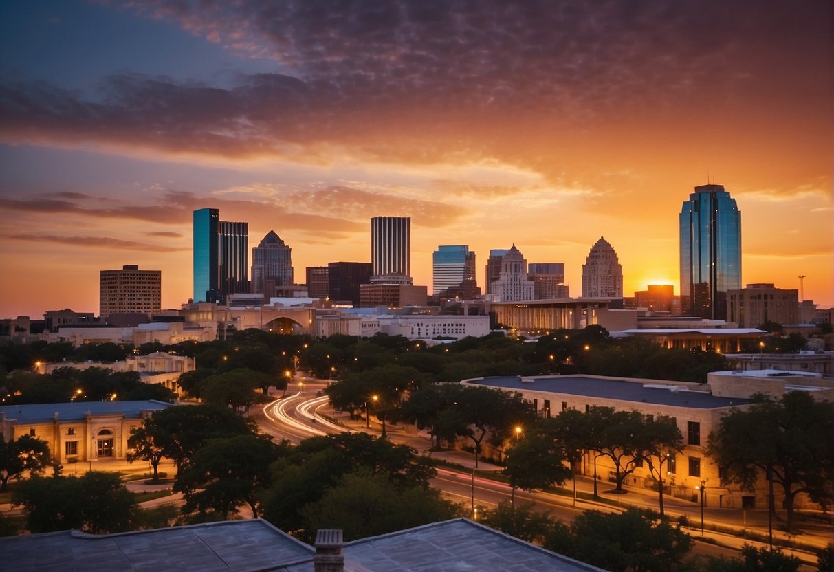 The sun sets behind the iconic San Antonio skyline, casting a warm glow over the city's historic landmarks and bustling streets