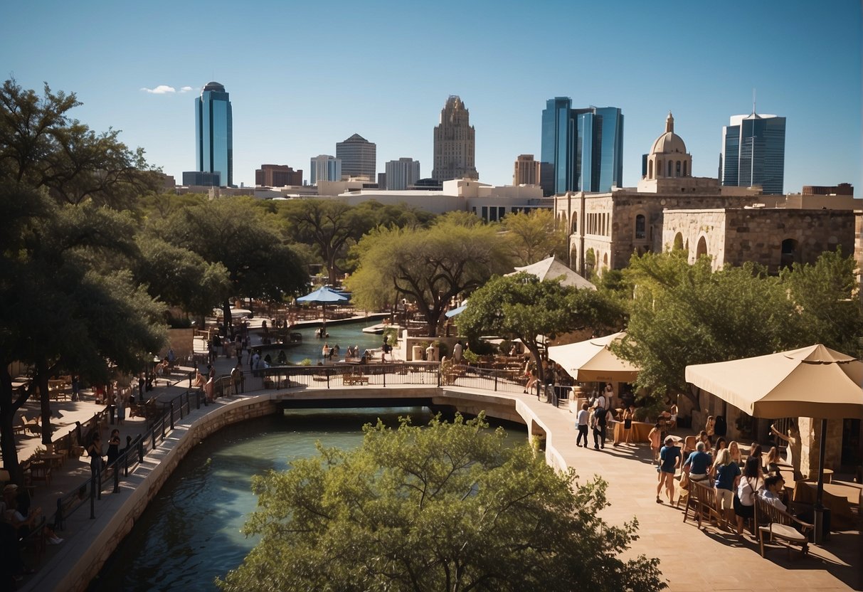 A sunny day in San Antonio, with clear blue skies and a bustling cityscape. Tourists are seen exploring the historic sites and enjoying the vibrant atmosphere