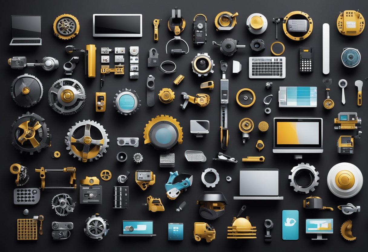 Various Industries Depicted With Seo Elements: Tech Gadgets, Medical Tools, Fashion Accessories, Food Products, And Automotive Parts