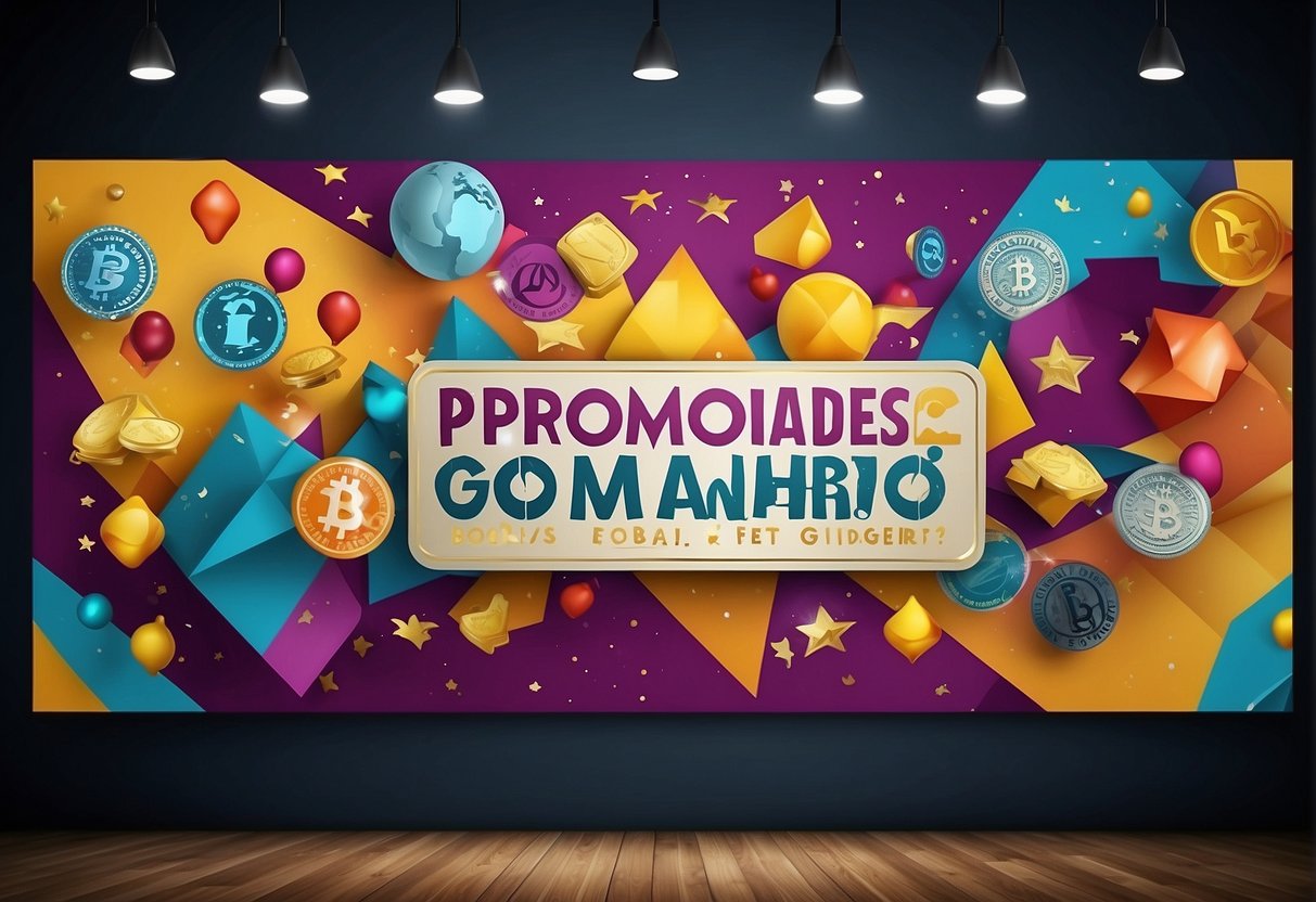 A colorful banner with the words "Promoções e Bônus Como ganhar dinheiro no Global bet?" displayed prominently. Bright, eye-catching graphics and symbols of money and rewards