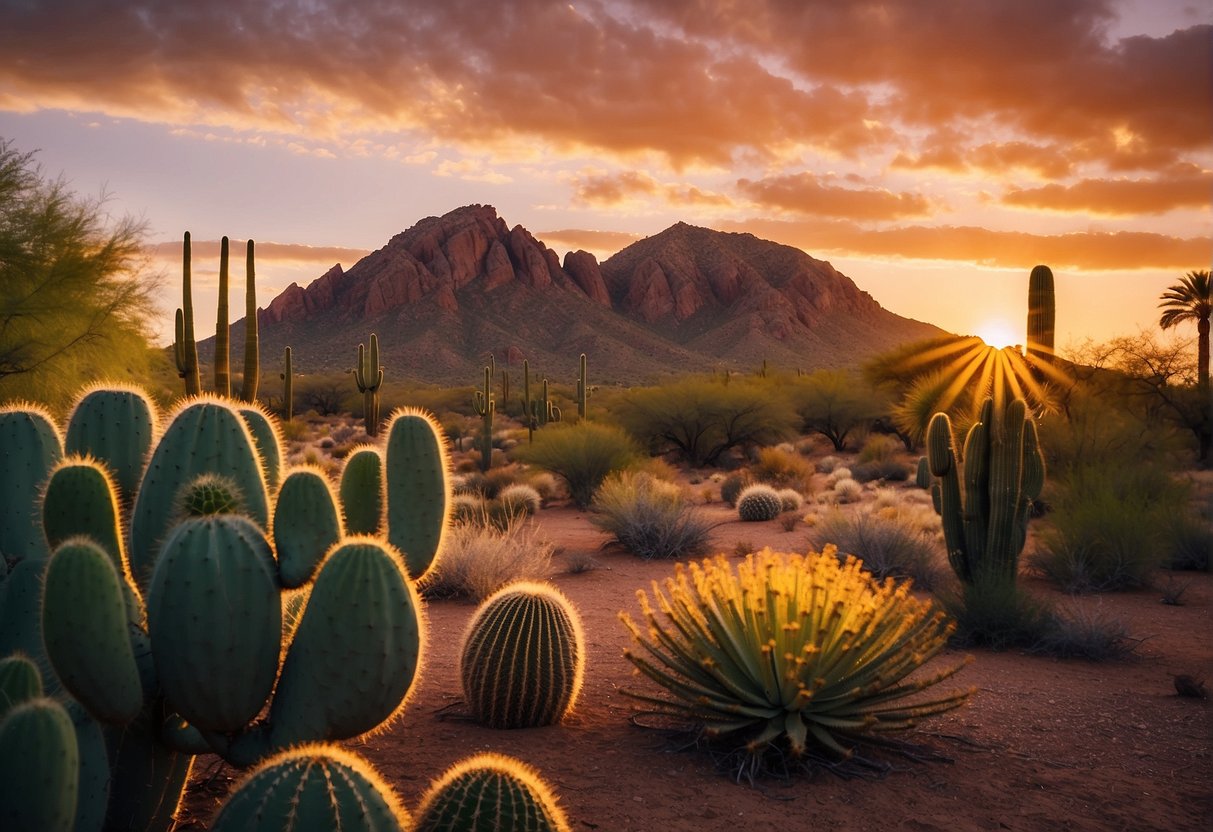The sun sets behind the iconic Camelback Mountain, casting a warm glow over the desert landscape. Cacti and palm trees stand tall against the colorful sky, creating a serene and picturesque scene