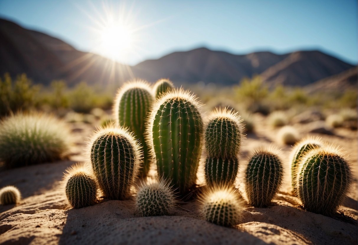 Sunshine illuminates a cactus-filled desert landscape, with clear blue skies and warm temperatures. The scene is peaceful and inviting, with vibrant colors and a sense of tranquility