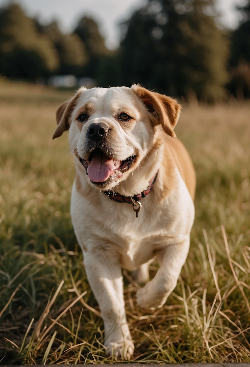 A Bulldog-Goldendoodle mix plays in a grassy field, with its tongue out and tail wagging. Its floppy ears and curly fur are on full display as it enjoys the outdoors