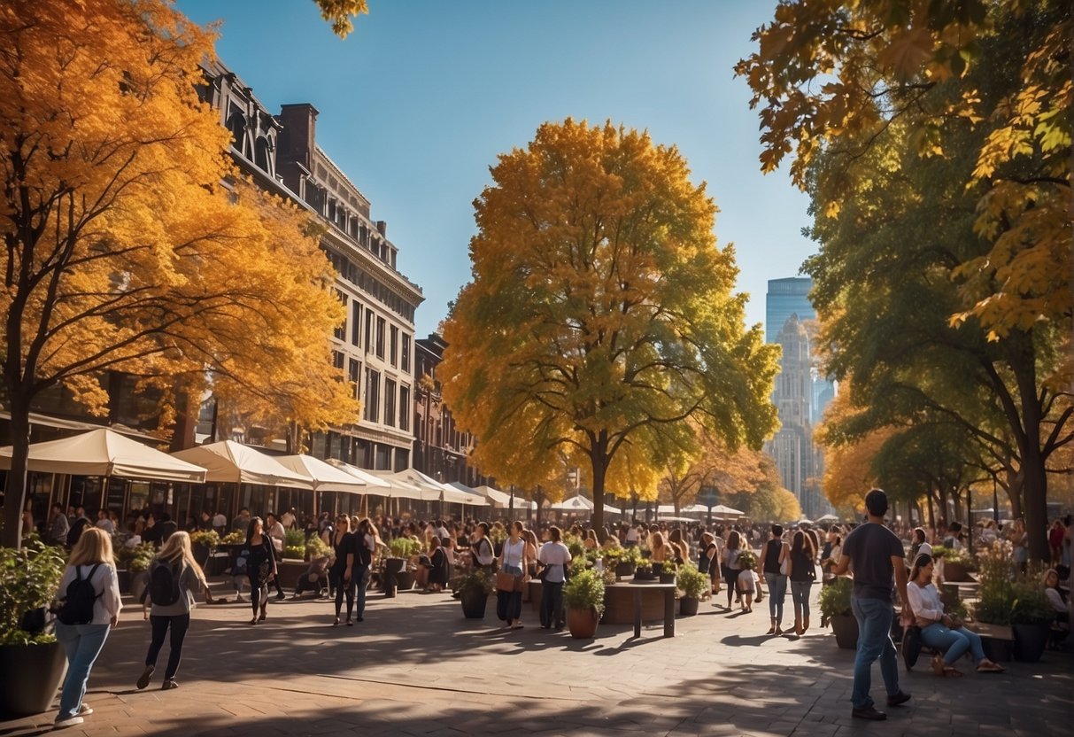 The scene shows a vibrant cityscape with various events and attractions, including outdoor festivals, art exhibits, and sports activities. The changing seasons are depicted through colorful foliage and diverse recreational opportunities