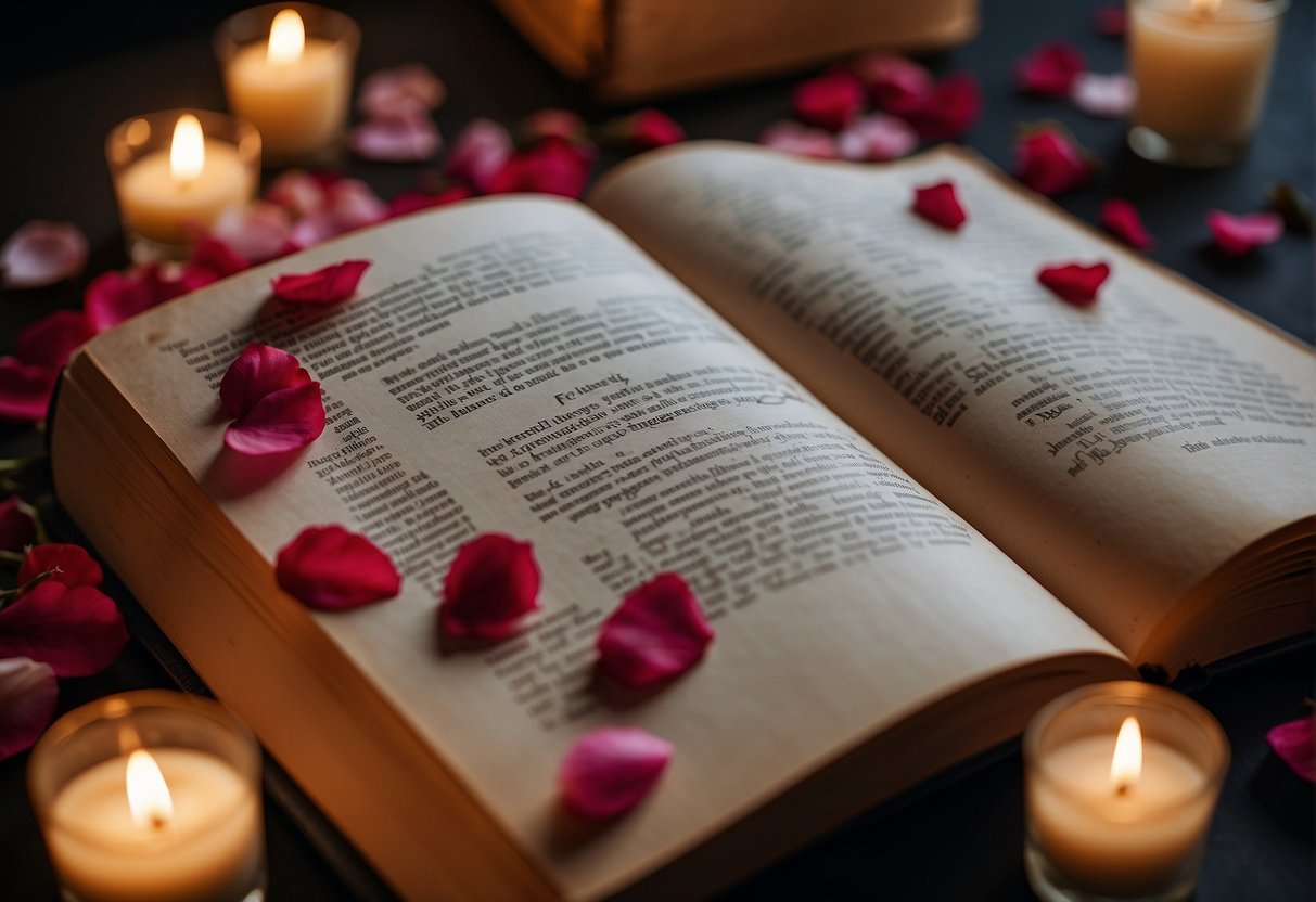 A cozy, candlelit room with open books and scattered rose petals, surrounded by inspiring quotes on love and romance