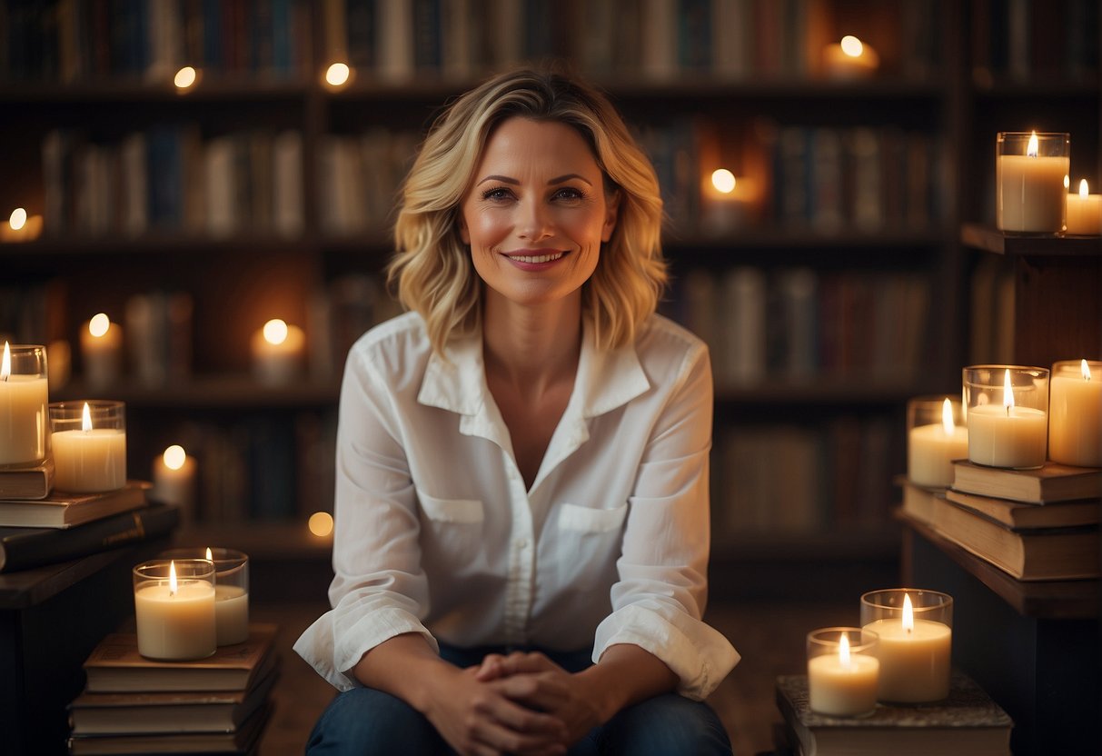 A serene woman sits cross-legged, surrounded by books and candles. A peaceful smile graces her face as she contemplates the words of Elizabeth Gilbert on self-discovery